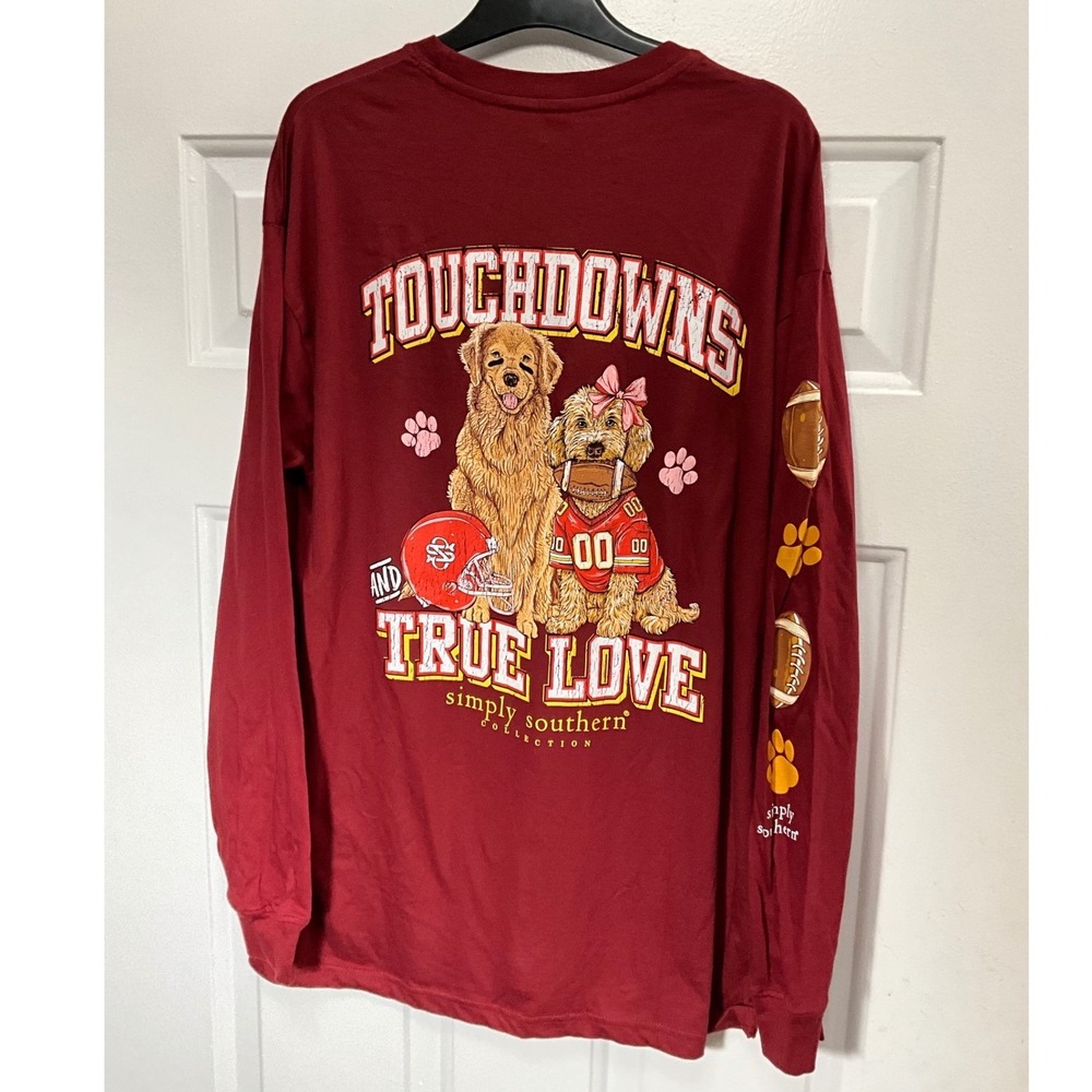 Simply Southern Touchdowns and True Love Dog Football Carmine Red LS Tee Large